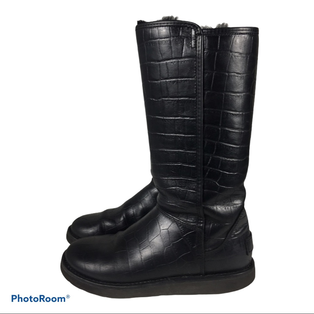 Black Leather Croc-Embossed Winter Boots